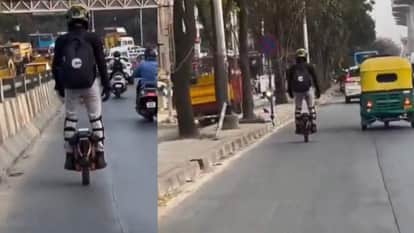 man driving a vehicle without a steering wheel in bengaluru traffic reminded people of traffic rules