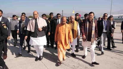 Rajnath Singh CM Yogi Adityanath and Manohar Lal Khattar arrived Uttarakhand CM Dhami welcomed