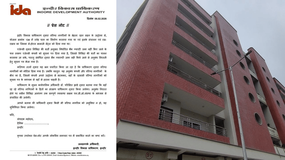 Indore News IDA threatens to blacklist Snehdham contractor for issuing eviction notice to senior citizens