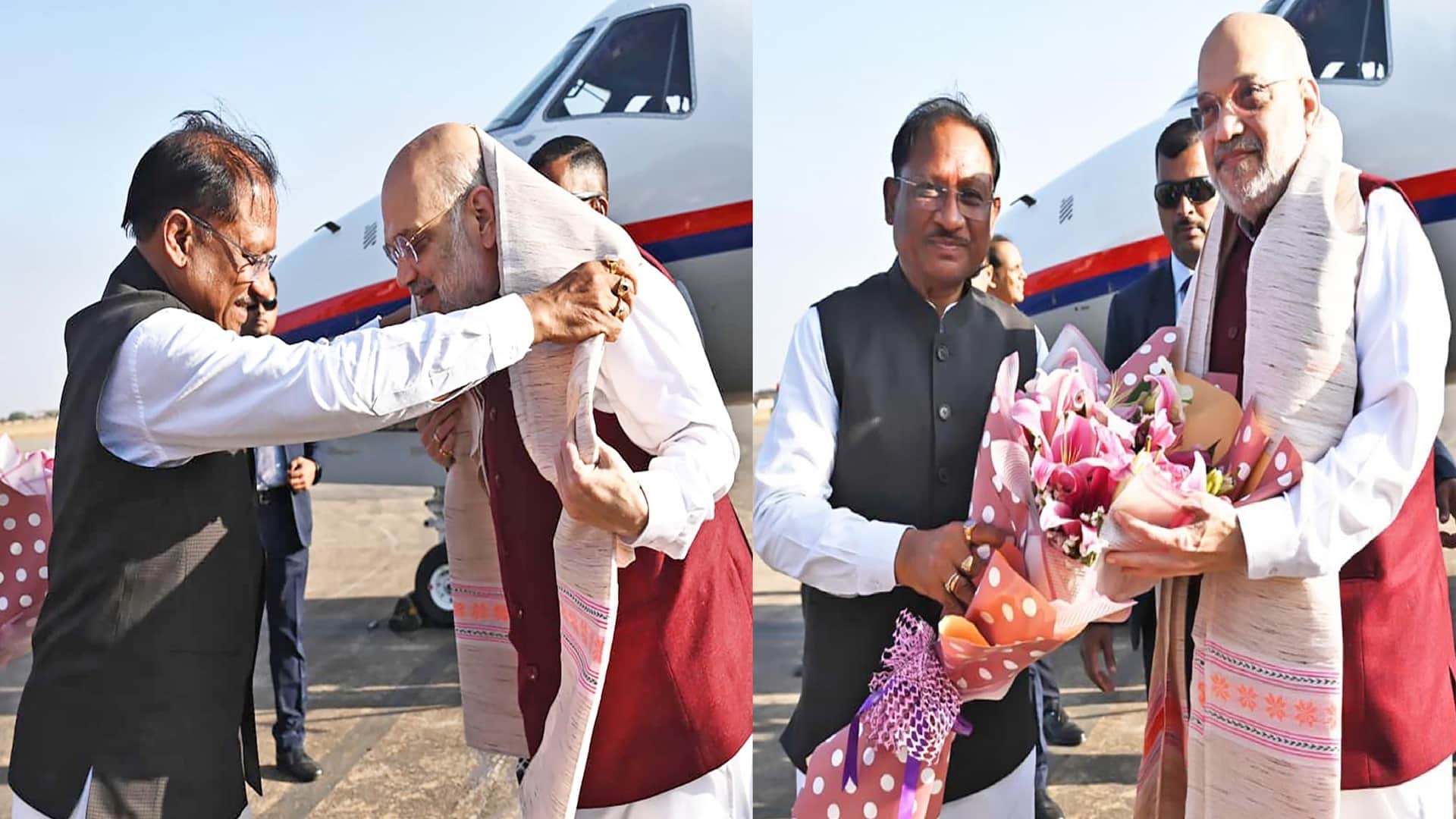 केंद्रीय गृह एवं सहकारिता मंत्री अमित शाह का स्वागत करते सीएम साय