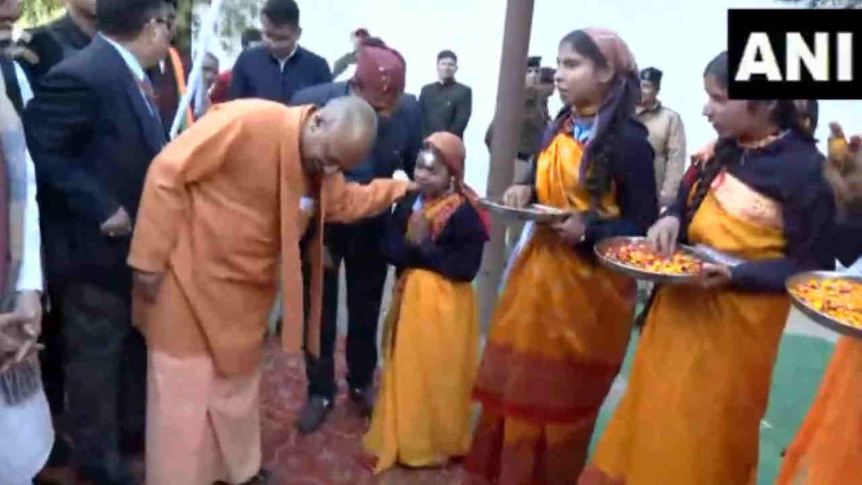 CM Yogi went morning walk in his village greeted by children participated school building inaugurationceremony