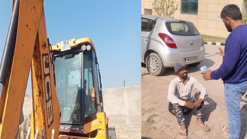 जेसीबी और जानकारी देता मृतक बच्चे का पिता।