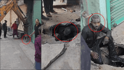 Man trapped in drain rescued after JCB breaks through concrete slab video viral