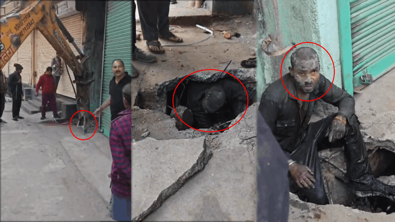 नाले में फंसे युवक को बचाया
