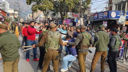 Protests against the ropeway project take to the streets of Katra, with jostling and sloganeering.