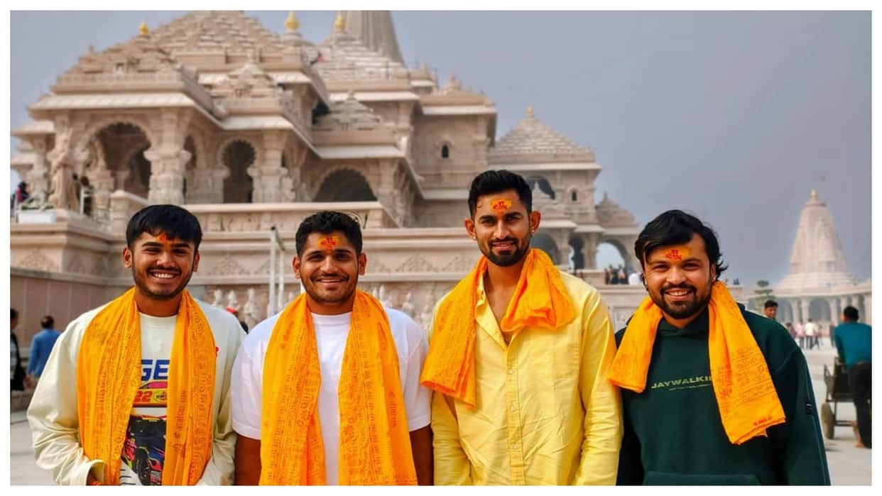 Ayush Mhatre, Tushar Deshpande, Hardik Tamore, and Sairaj Patil in Ayodhya embracing the divine at Ram Mandir