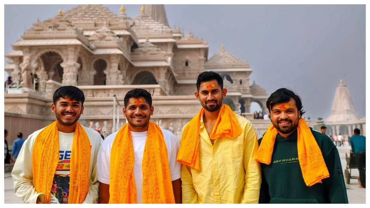 Ayush Mhatre, Tushar Deshpande, Hardik Tamore, and Sairaj Patil in Ayodhya embracing the divine at Ram Mandir