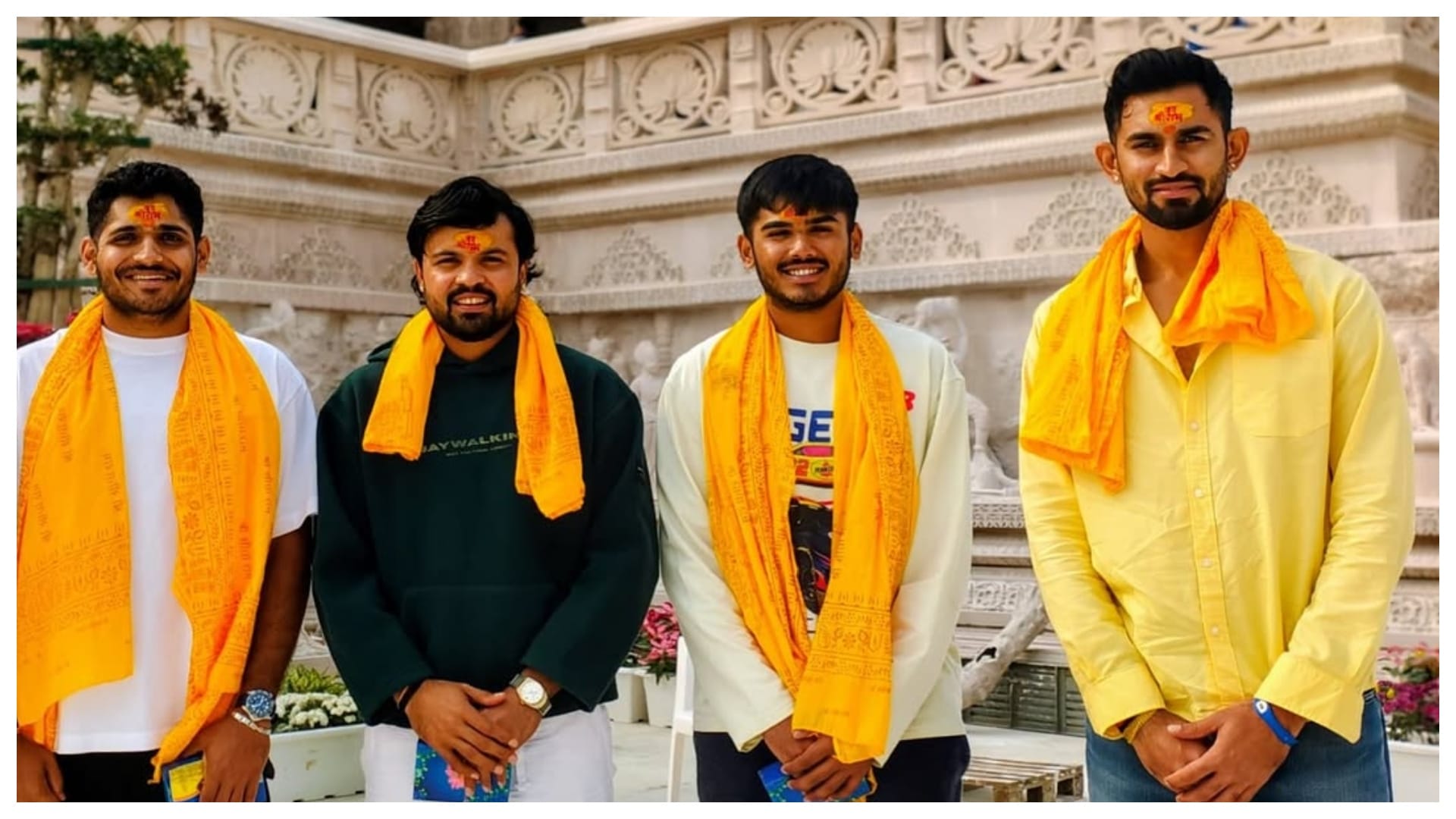 Ayush Mhatre, Tushar Deshpande, Hardik Tamore, and Sairaj Patil in Ayodhya embracing the divine at Ram Mandir