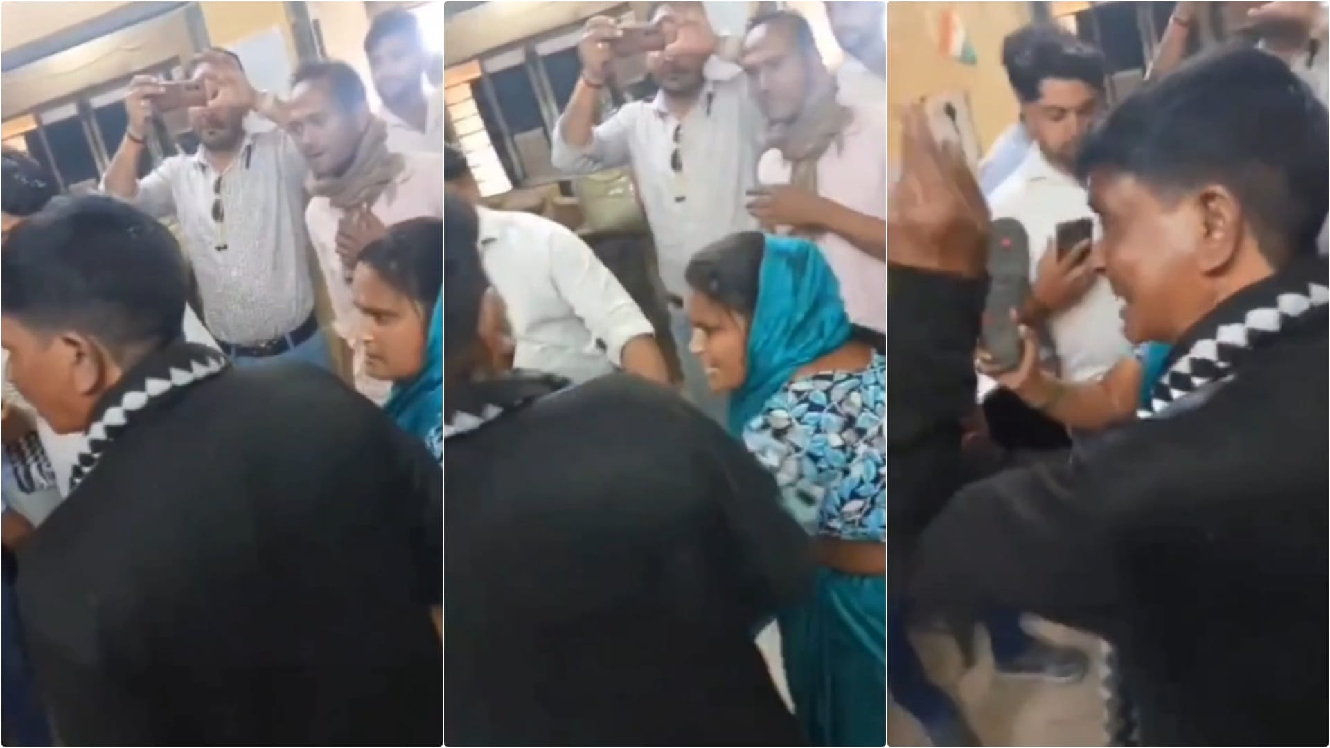 मीटर रीडर को चप्पलों से पीटते नाराज दंपति तथा मौजूद अन्य लोग