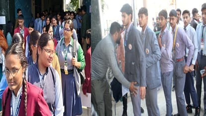 आरपीएम इंटर कॉलेज से सीबीएसई परीक्षा देकर निकलते परीक्षार्थी, बच्चों की चेकिंग