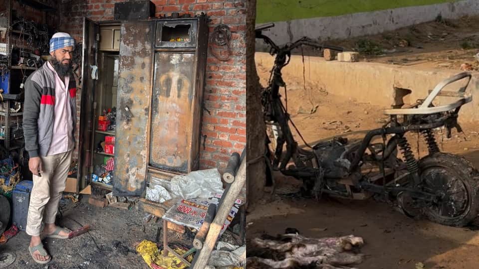 आग लगने की जानकारी देता शफीक और जली स्कूटी।