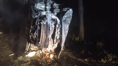 Car catches fire after overturning on Dalla Road Jagraon driver burnt alive