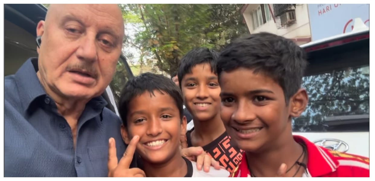 Anupam Kher shares joyful moments Gifts colour pencils to young friends at Versova MadhIsland