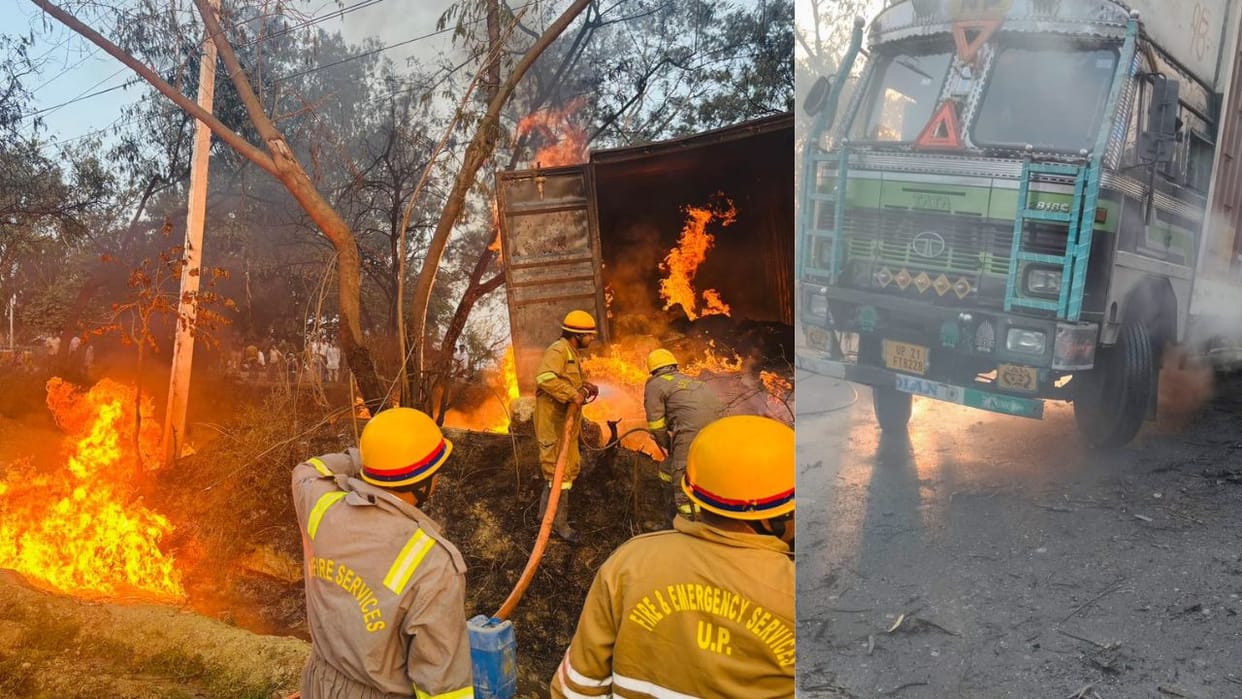 Fire breaks out in container loaded with drums of chemicals in Sambhal
