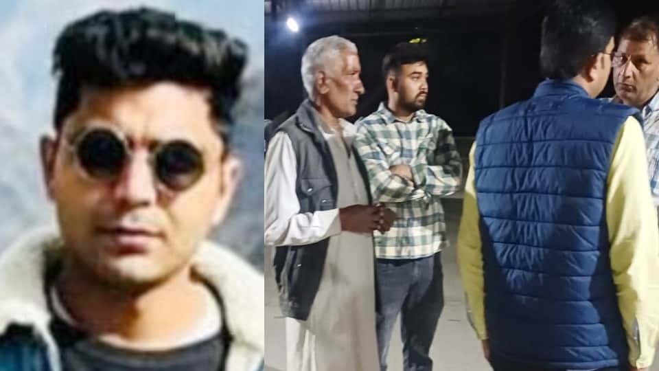 पीयूष की फाइल फोटो और पोस्टमार्टम हाउस पर परिजन।