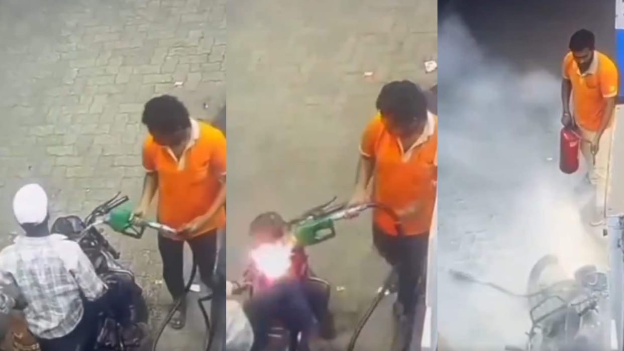 Chhattisgarh raipur one man set his friend bike on fire at a petrol pump cctv footage video viral