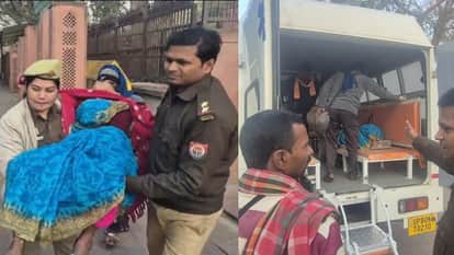 घायल महिला पर्यटक को ले जाते पुलिसकर्मी।