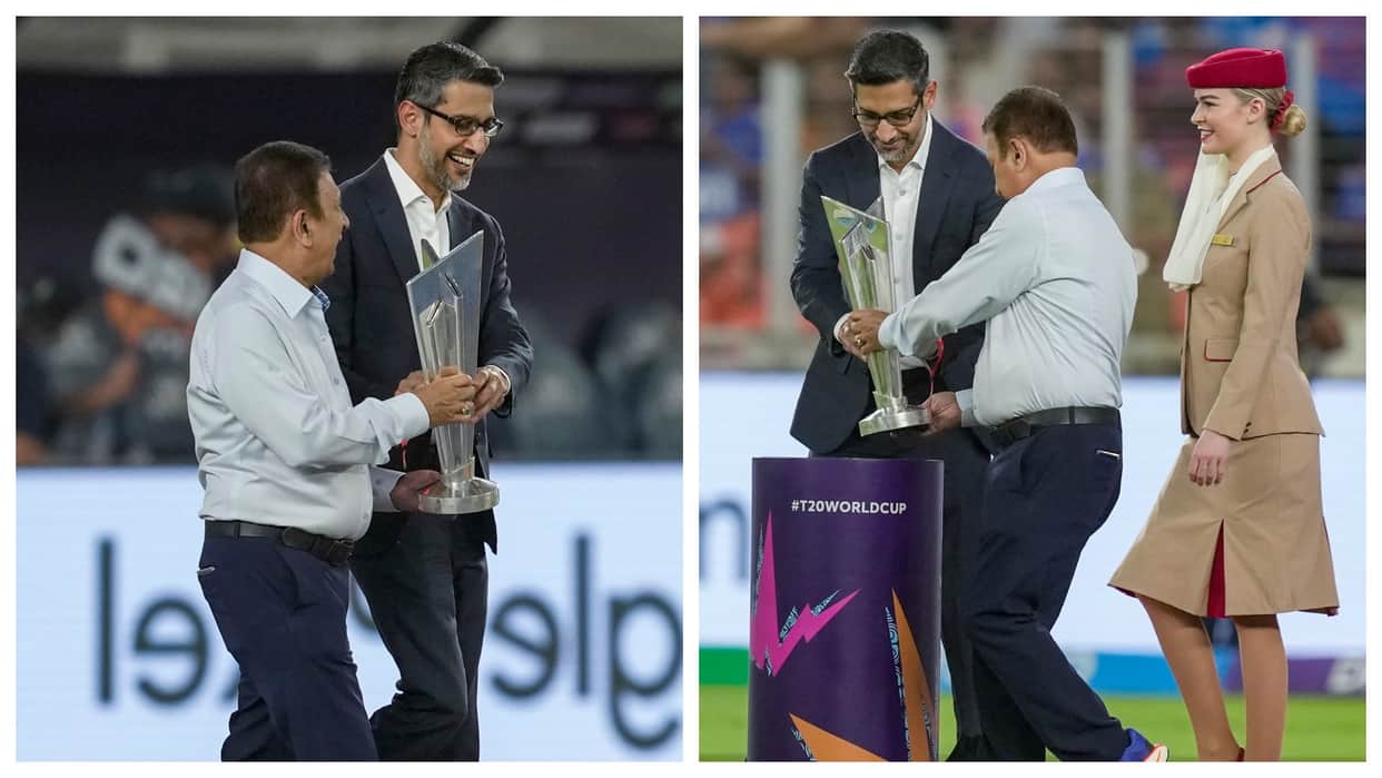 IND vs SA: Sunil Gavaskar and Google CEO Sundar Pichai carry the T20 world cup 2026 trophy