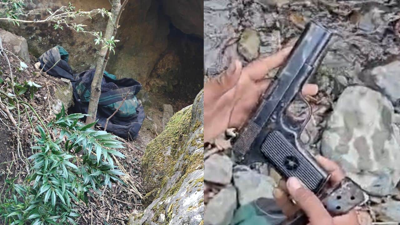 सुरनकोट में ध्वस्त किया गया आतंकी ठिकाना। बरामद हुई पिस्टल।