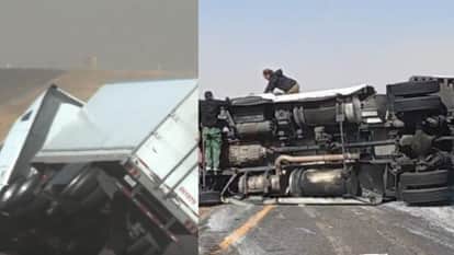 Dumas texas heavy strong wind overturned a truck running on the road video goes viral