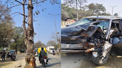 Bareilly car accident bloody tree stands on the road officers use paper axes to cut it down