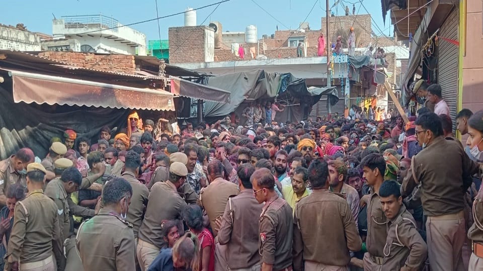 Crowds go out of control during Lathmar Holi in Barsana in Mathura