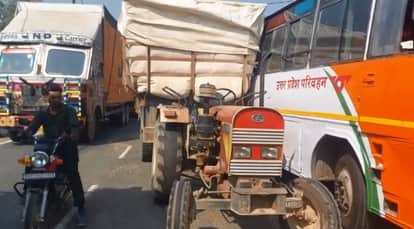 Auraiya Roadways bus and tractor collide accident occurs as soon as dumper cuts in three passengers injured