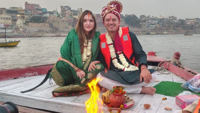 Unique wedding of Ruiz and Gonzalo from Mexico got married in Ganges at Assi Ghat in Kashi