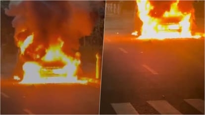 Jaipur News: Moving CNG Taxi Catches Fire at Gandhi Circle, Car Burnt in Minutes, Driver Escapes Safely