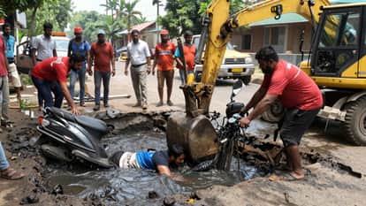 Rajasthan News: Scooter rider falls into sewerage pit in Sawai Madhopur, disabled Pramod narrowly escapes