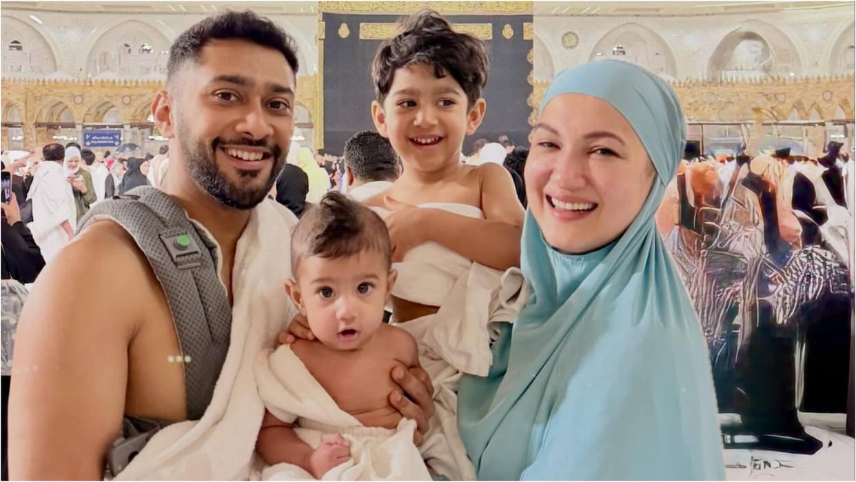 Gauahar Khan Zaid Darbar reveal younger son Farwaan face in Ramdam at Kaaba says Keep our children in your dua