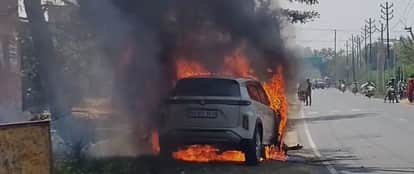 Car Turns into Fireball After Hitting High-Tension Pole While Saving Cyclist in Kasganj