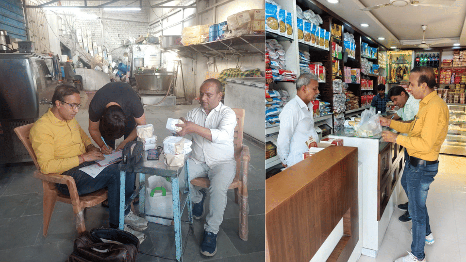 दुकानों पर जांच करते अधिकारी।