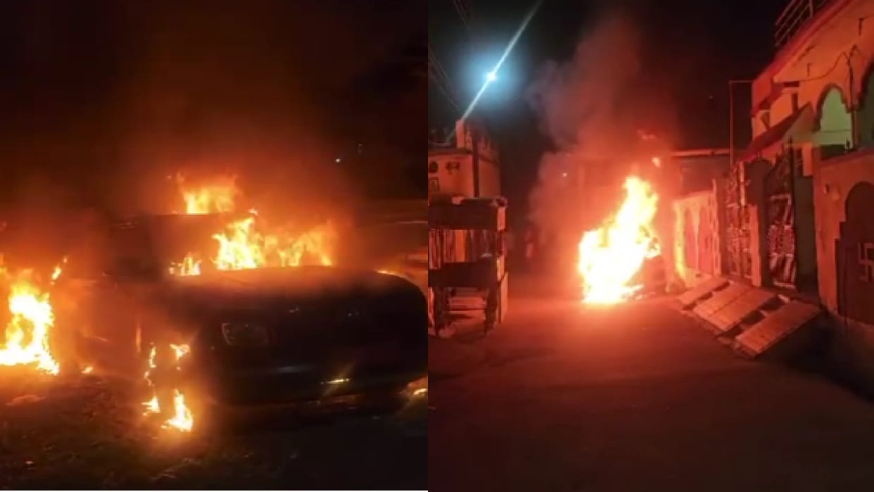 Two cars were set on fire outside the home of a Youth Congress leader in Raipur