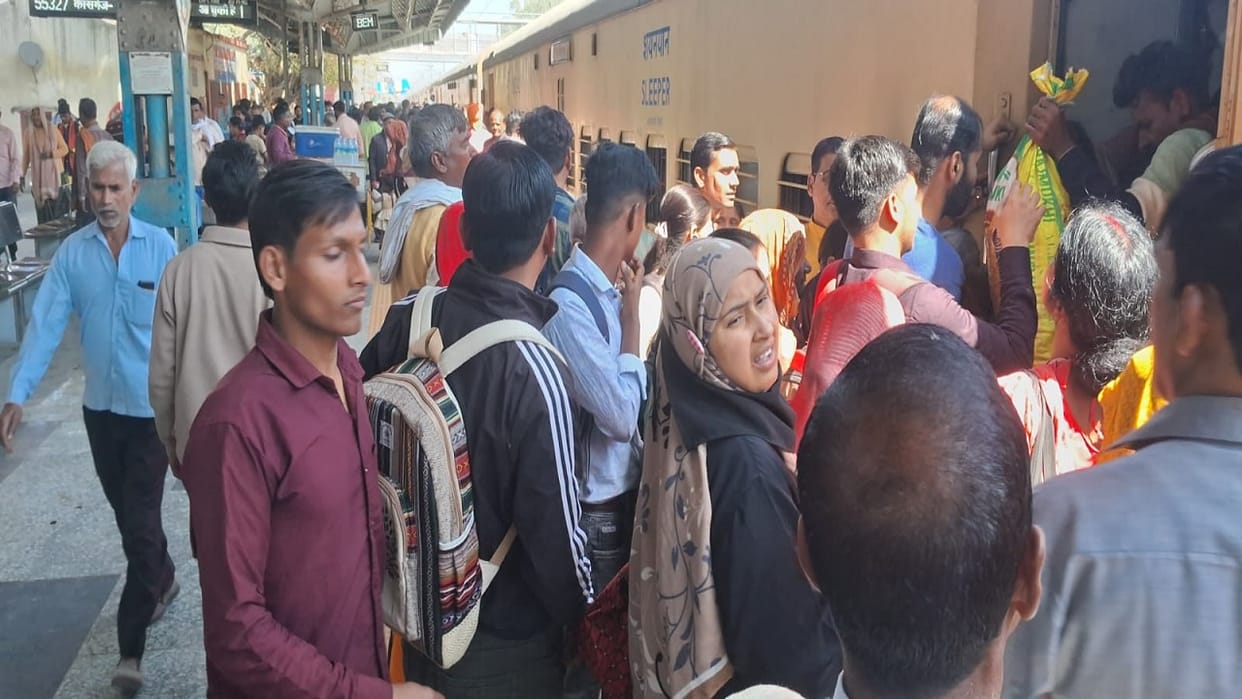 Buses and trains are crowded with people returning home to celebrate Holi in Budaun