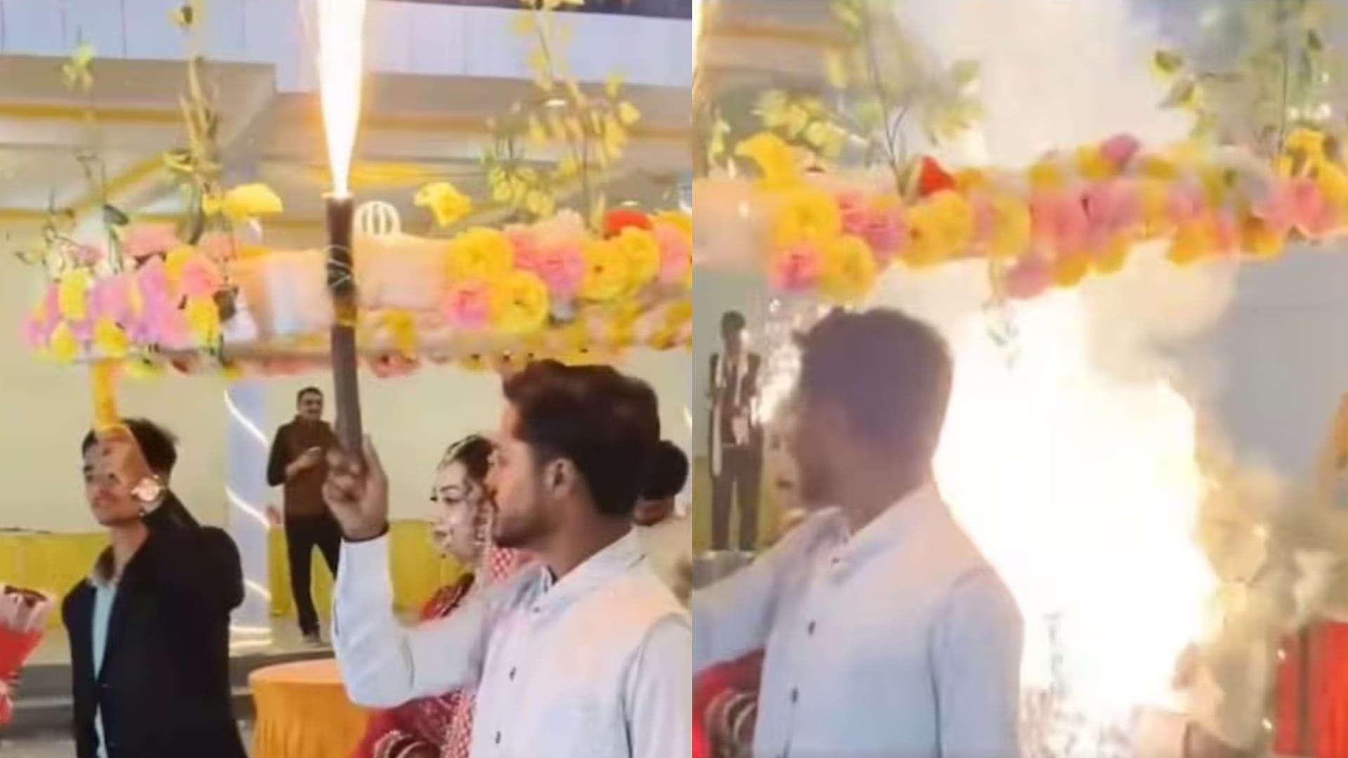 शादी में दुल्हन की हो रही थी ग्रैंड एंट्री, तभी फूलों की चादर में लग गई आग