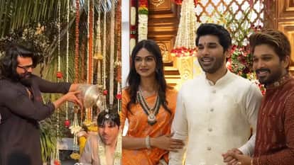 Allu Arjun brother Allu Sirish prewedding ceremony in hyderabad south actors reached along with Rashmika Vijay
