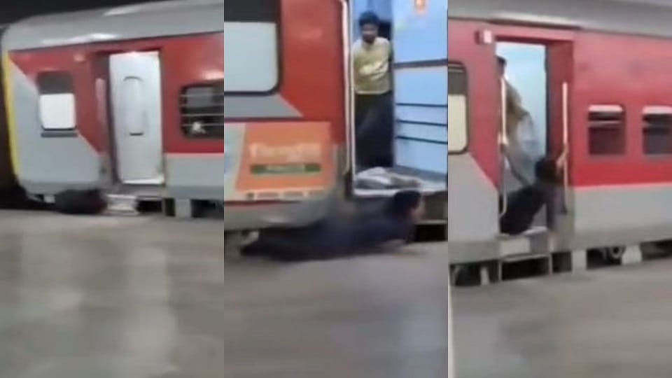 Woman falls multiple times while boarding train Agra Cantt station video goes viral
