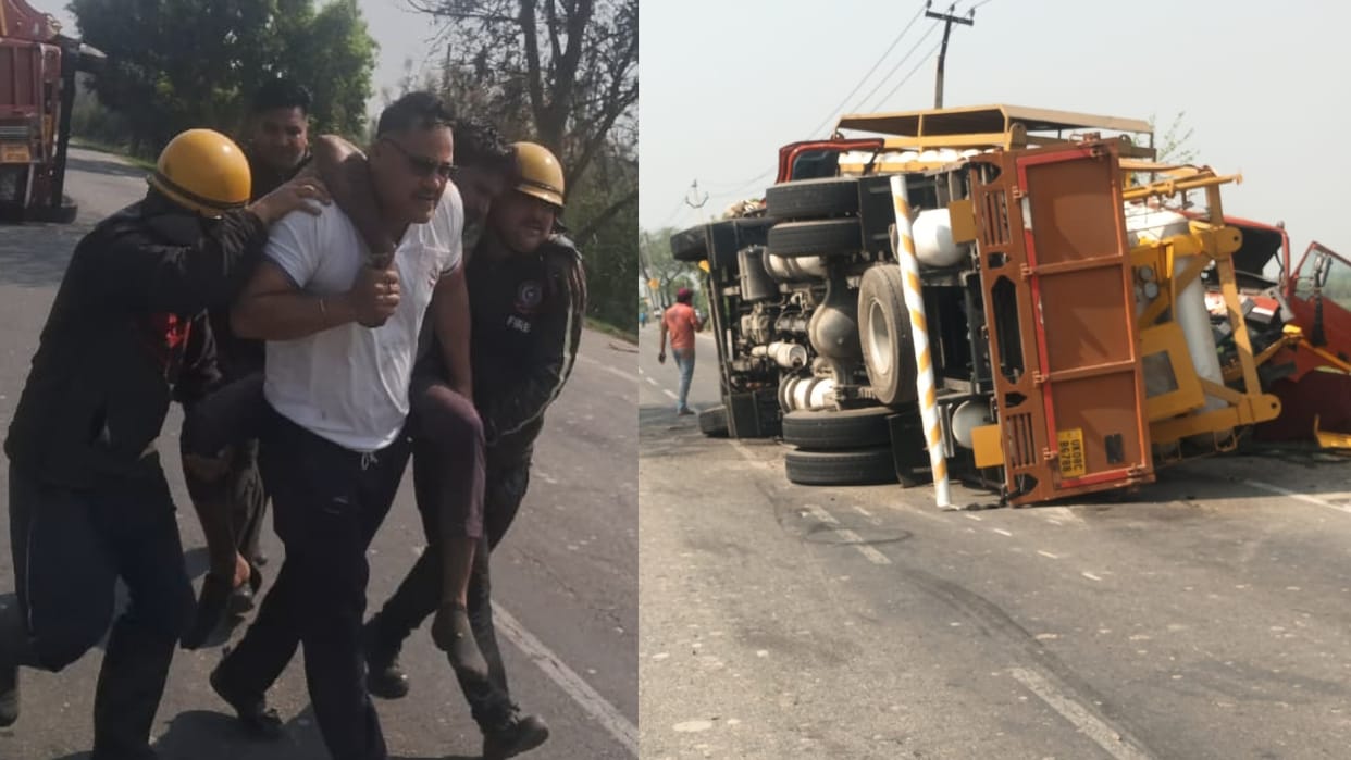 CNG tankers collide with empty ones injured drivers rescued Accident in Laksar Purkaji NH Roorkee
