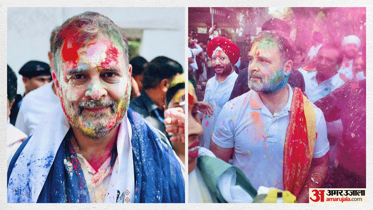 Political leaders Holi congress aam admi party play gulal colour arvind kejriwal Rahul Gandhi celebration
