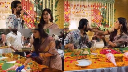 Viral video Rashmika feeds Vijay with her hand after marriage couple serve food to fans