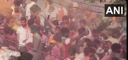 Devotees Celebrate Dhulandi Holi Outside Prem Mandir in Vrindavan