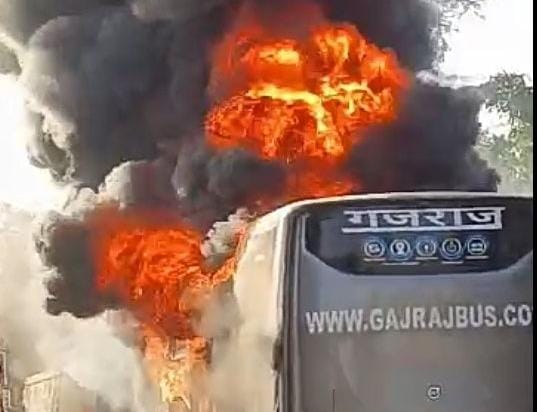 Indore: A parked travel bus caught fire in Indore; the fire was brought under control by pouring two tankers o