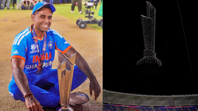 India victory t20 world cup drone show trophy champion team celebration Ahmedabad stadium sports