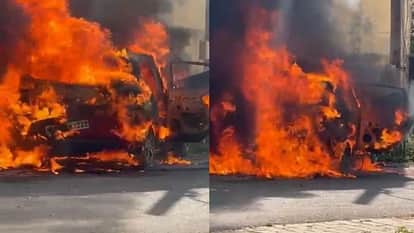 moving car on road caught fire in Agra