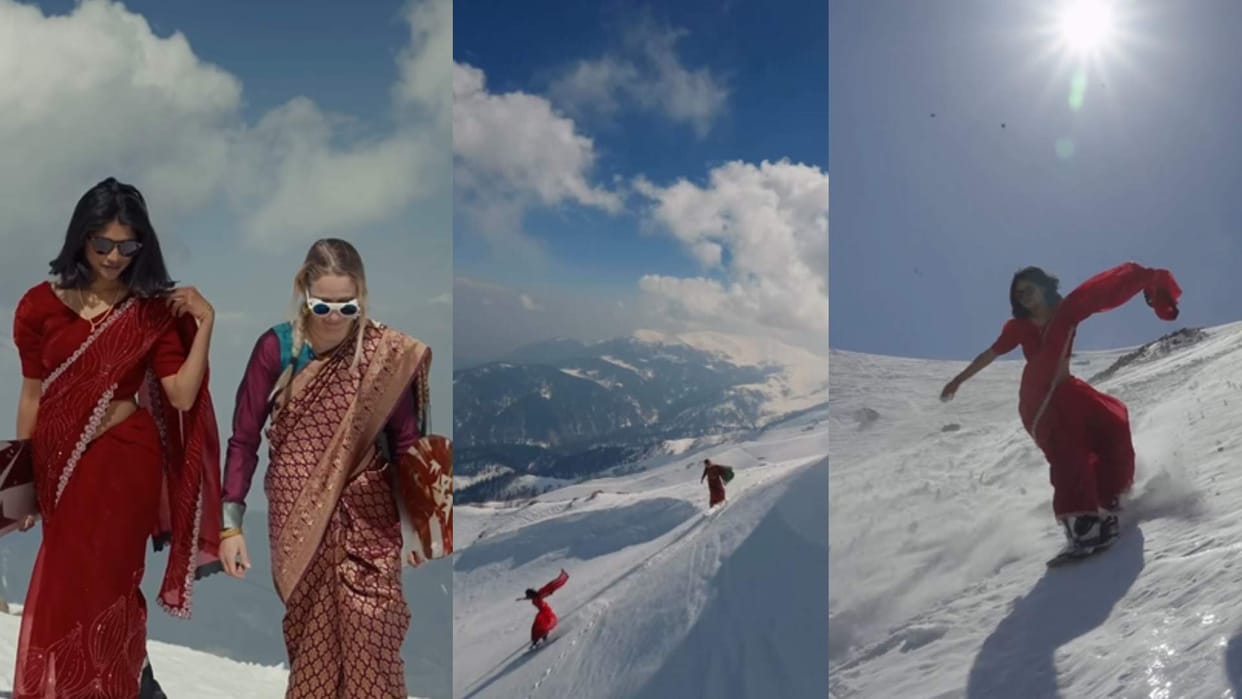 Women wearing saree and snowboarding on the snowy covered mountain video goes viral on social media