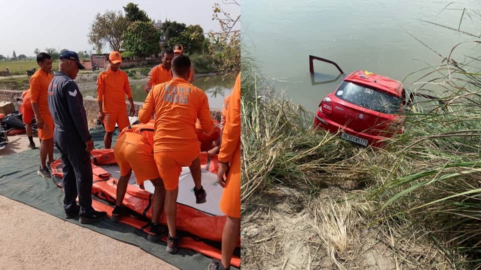 car hit a couple riding bike and fell into canal In Bulandshahr