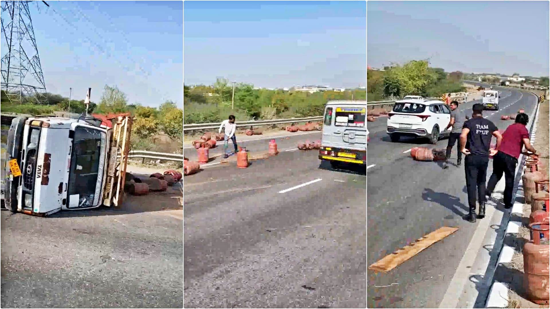 अजमेर में हाईवे पर सिलिंडरों से भरा ट्रक पलटा