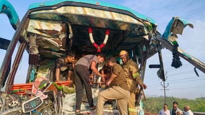 Kanpur Dumper and Tourist Bus Collide on Highway One Dead Several Injured 57 Rescued by Breaking Windows
