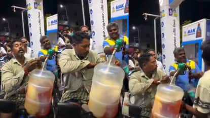 Tamilnadu Villupuram man is filling petrol in a plastic water jar at a petrol pump viral video